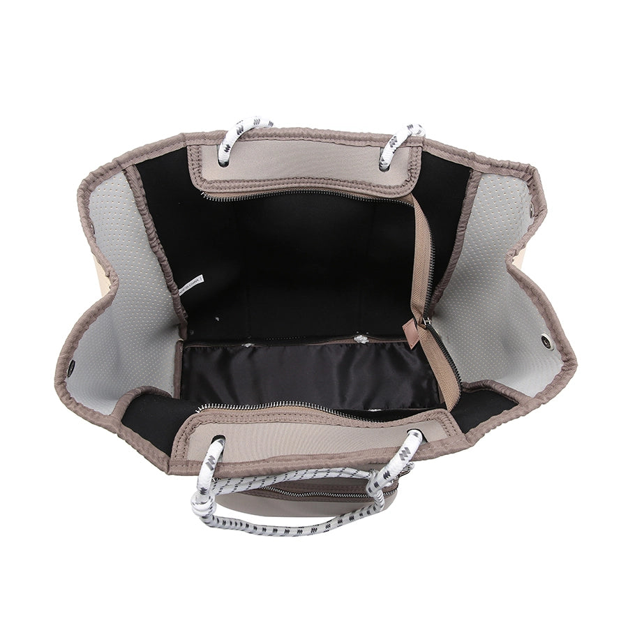 Interior View of Neoprene Handbag Purse | Meribella Neoprene Tote Bag Set | Natching Wallet Pouch | Side snaps | extra storage space | Inside removable pouch | Inside slip and zip pockets | Fully washable | Dimensions: 18"L x 5"W x 13.5"H | Beach Bag | Day Trip Bag | Neoprene | Washable | Stretchy | Paisley | Brown | Coffee | Latte |