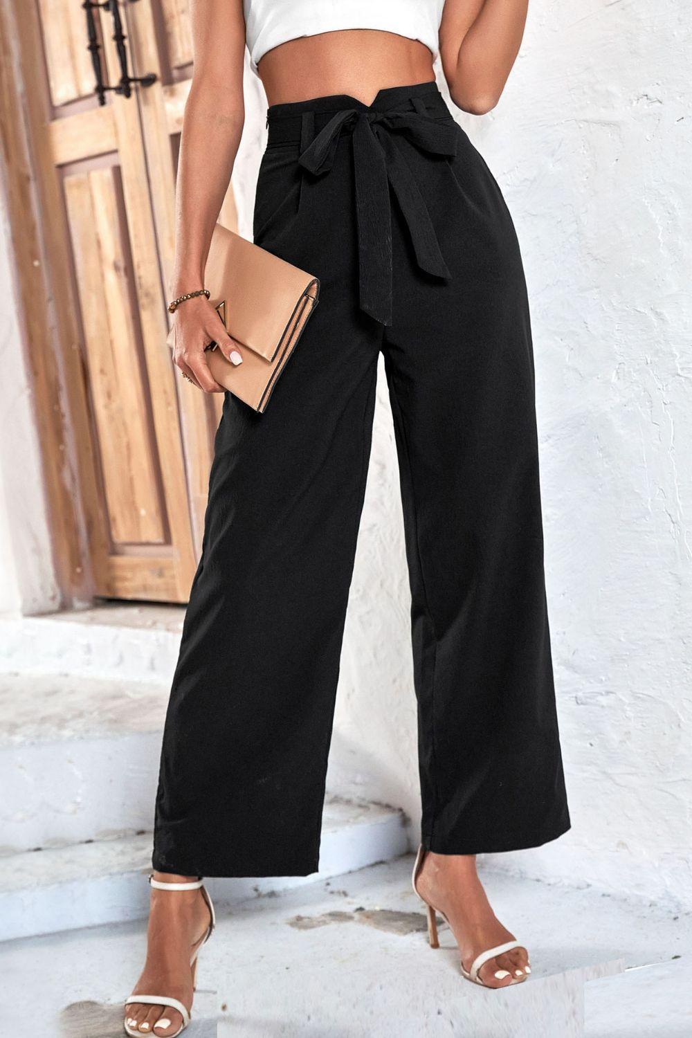 Bianca Belted High-Rise Wide Leg Pants in Black