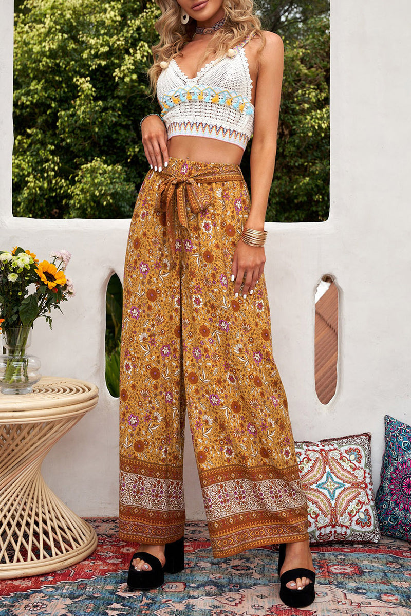 boho bohemian wide leg pants belted pattern printed yellow brown beige mustard gold color earthy hippie vibes