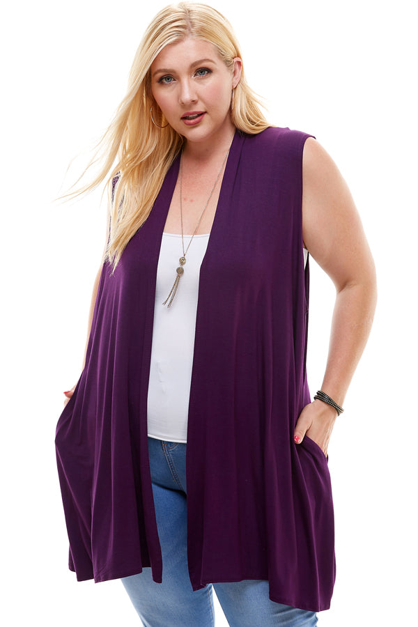 Jo Vest in 8 Solid Colors with Stretchy Fabric, Pockets.  Made in USA. Eggplant Purple Womens Vest Layering Piece.