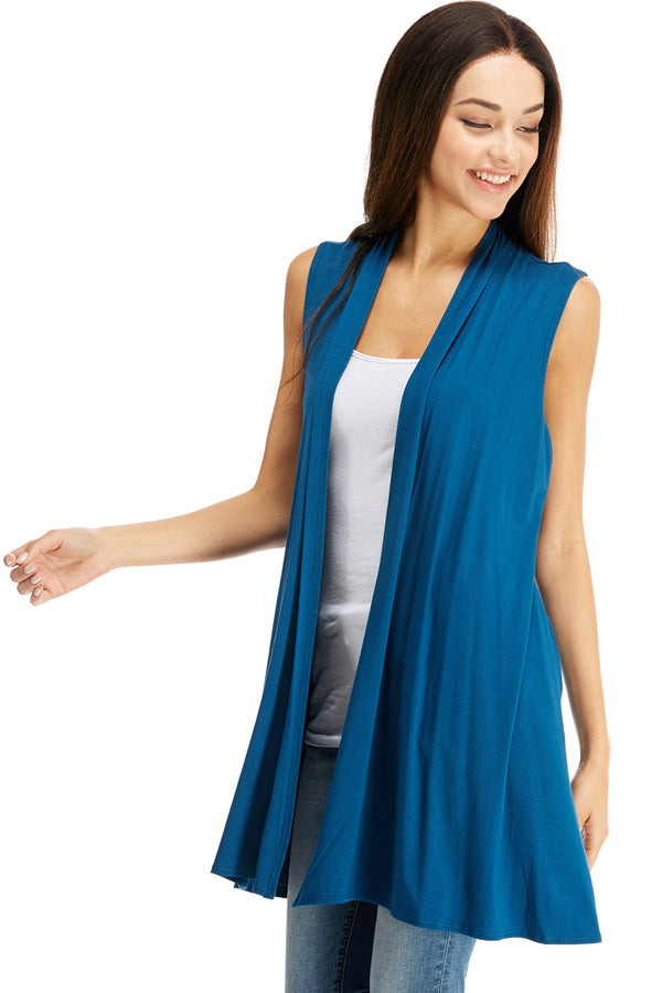 Jo Vest in 8 Solid Colors with Stretchy Fabric, Pockets.  Made in USA. Ink BLue Teal Womens Vest Layering Piece.
