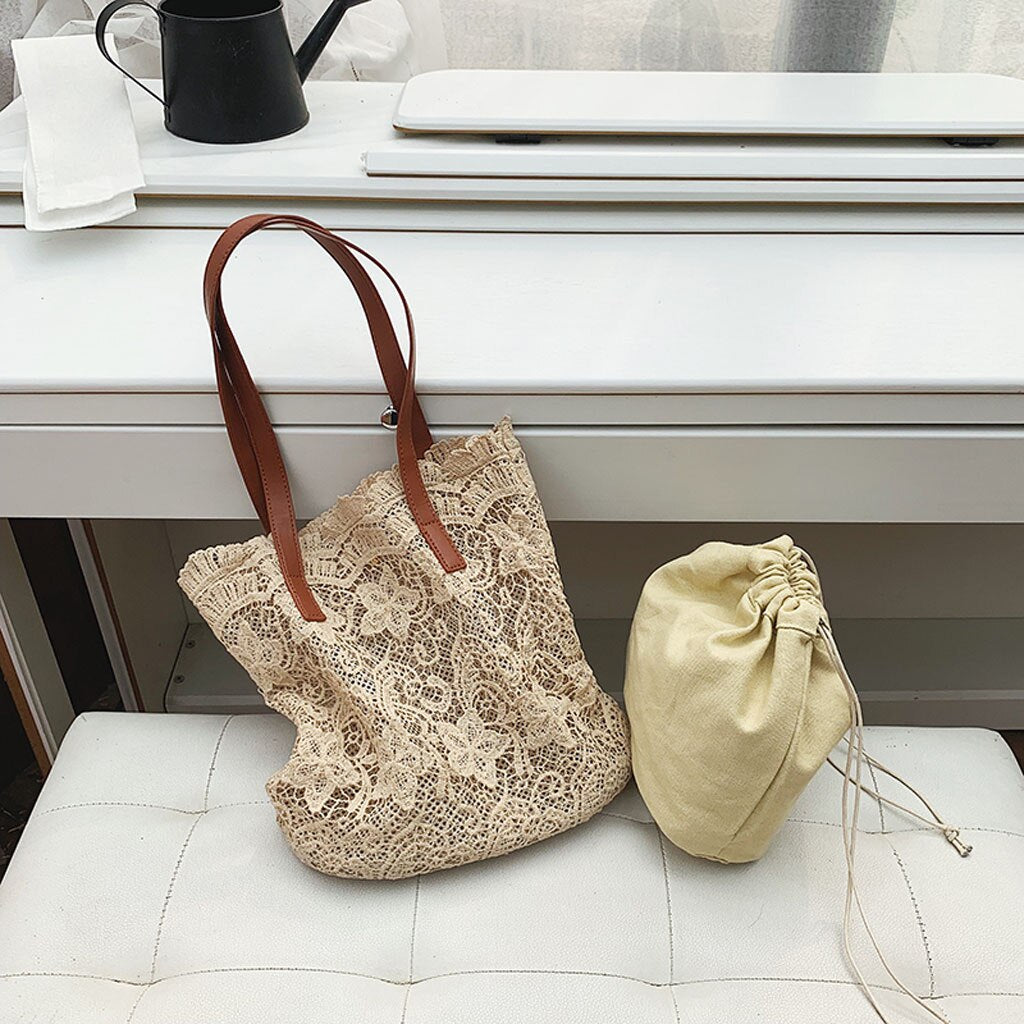 Crochet Lace Shoulder Tote Bag |2 colors|