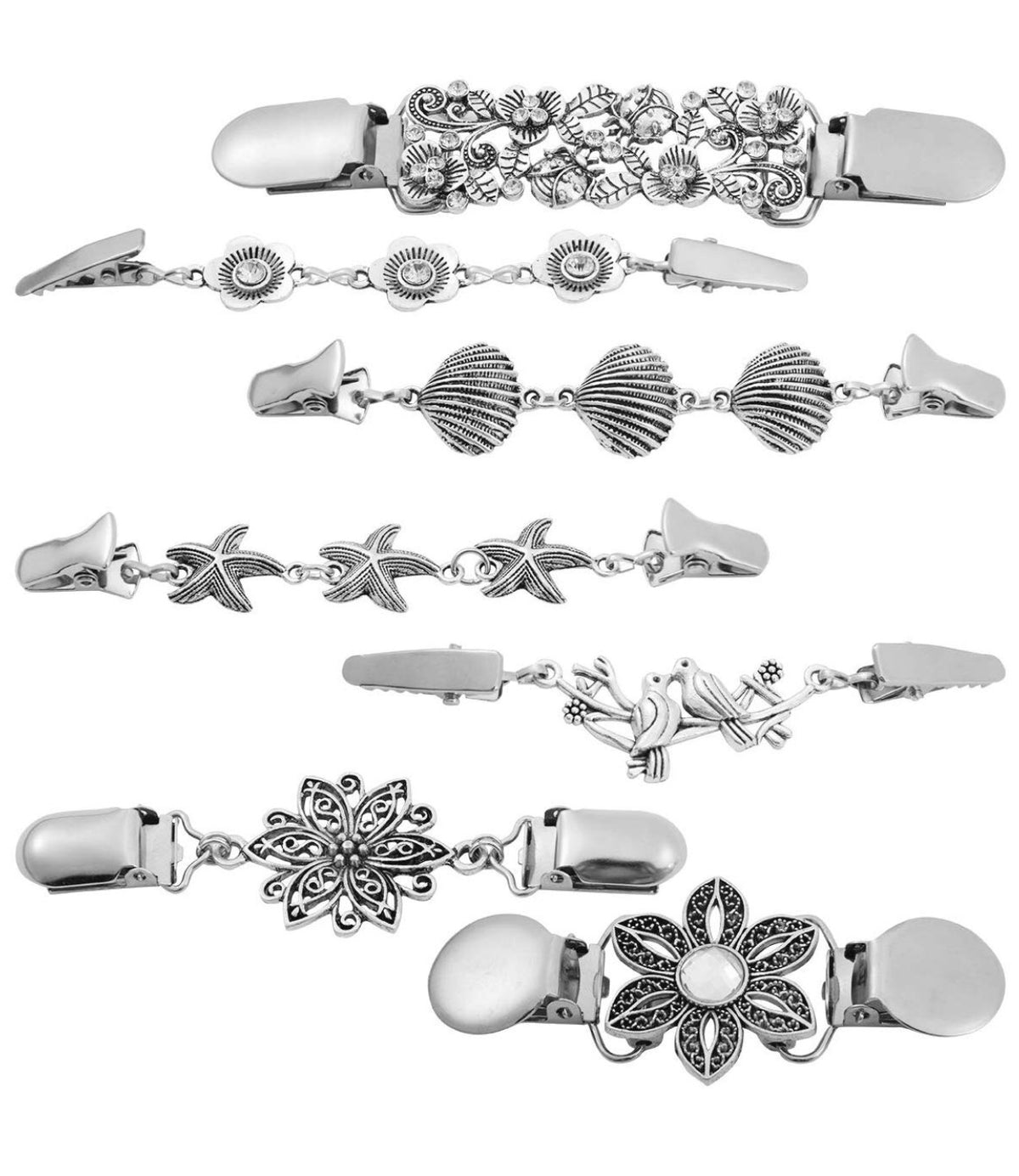 Cardigan Scarf Shawl Clip with roach clips duckbill clips. hold together scarf or shawl with metal decorative jewelry clips.