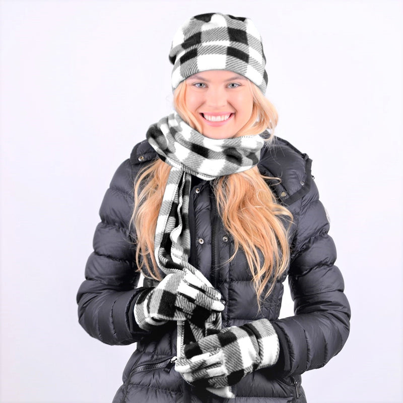 scarf, hat, gloves, fleece, winter, cold, clothing, women, white, plaid
