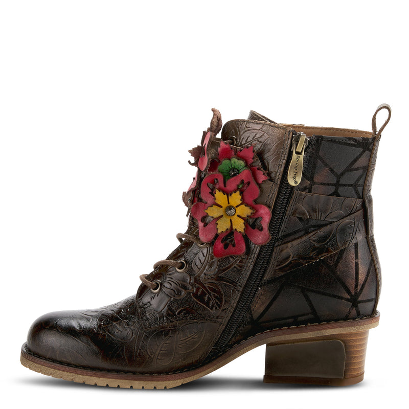Dark brown L'Artiste Brand Groovie Booties with floral leather details and side zipper