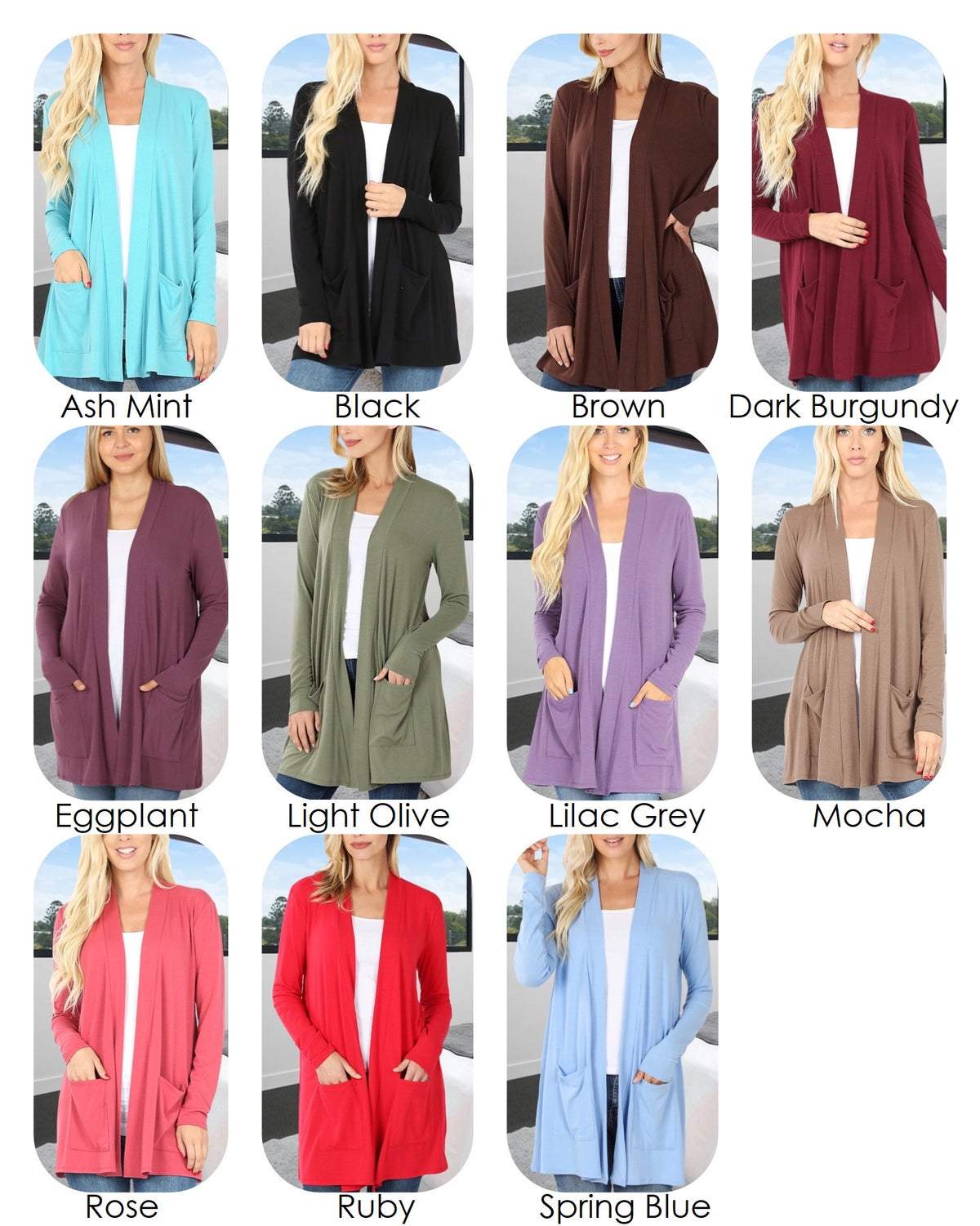 11 Color Options Available in the Carmine Women's & Junior's Long Sleeve Cardigan with Pockets in sizes Small-3XL Regular and Plus Sizing
