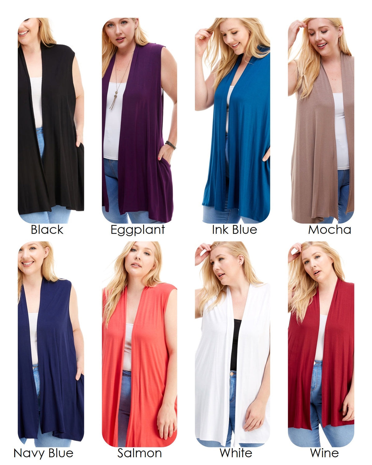 Jo Vest in 8 Solid Colors with Stretchy Fabric, Pockets.  Made in USA
