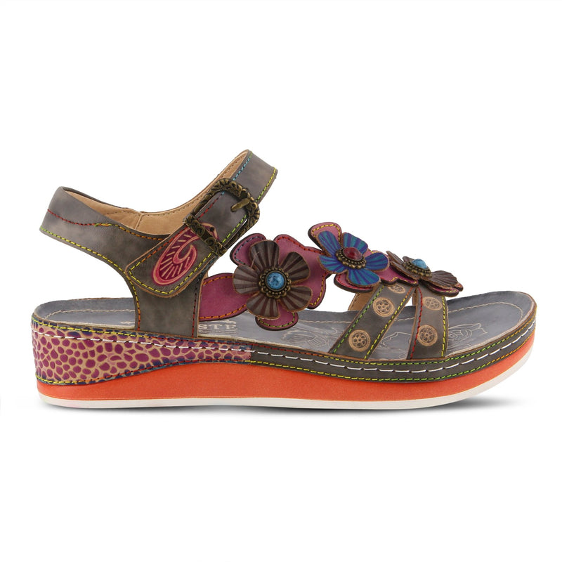 L'Artiste by Springstep Footwear Goodie French inspired, hand-painted leather asymmetrical sandal is full of color and charm with an embossed floral design complimented with dimensional multi-color leather flowers centered with ornate buttons to brighten any outfit!