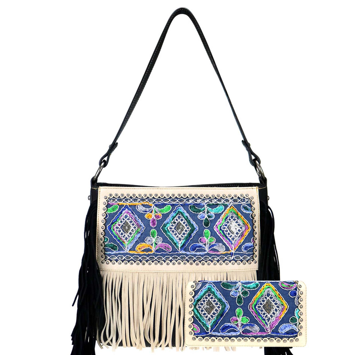 Embroidered Fringe 2-piece Bag Set Black