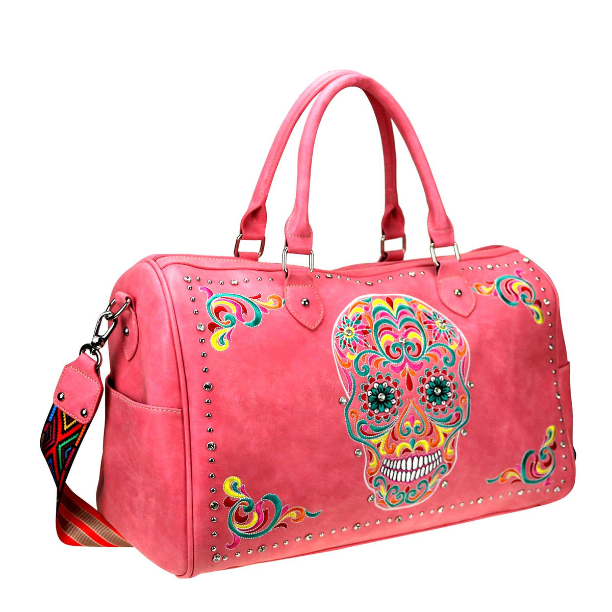 Want a Unique Duffle Bag? Take a look at our Embroidered Sugar Skull Duffle featuring a Vibrant Sugar Skull design accented with silver and crystal studs, top zipper closure, open button closure side pockets, interior zippered pocket and multiple open pockets, metal feet for protection and stability, detachable/adjustable shoulder strap, double handle, 20" x 8" x 12.5" dimensions. Gothic, Halloween, Punk, Alternative, Emo, Skull, Artistic, Unique, Statement Piece.