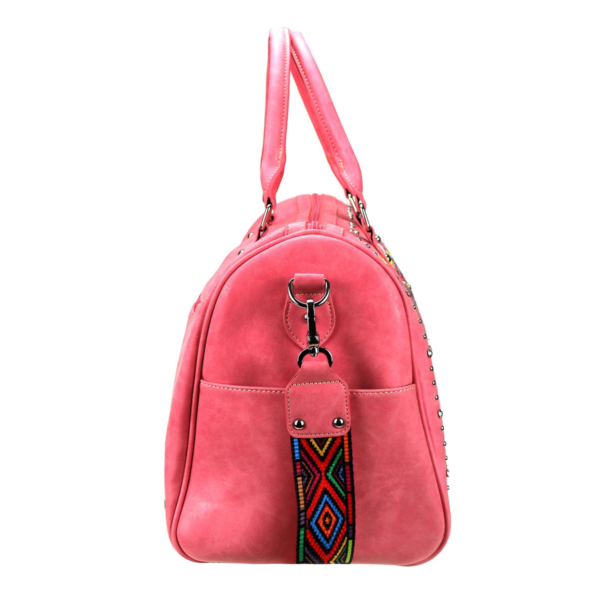 Embroidered Sugar Skull Duffle Bag:  Vibrant embroidered Sugar Skull   Accented with silver and crystal studs Top zippered closure An open pocket on each side with button closure Interior includes a zippered pocket and 2 open pockets  Metal feet on the bottom for protection and stability Detachable/adjustable shoulder strap Double handle 20" x 8" x 12.5" Double Handle Drop 6" Adjustable Strap Drop 18"