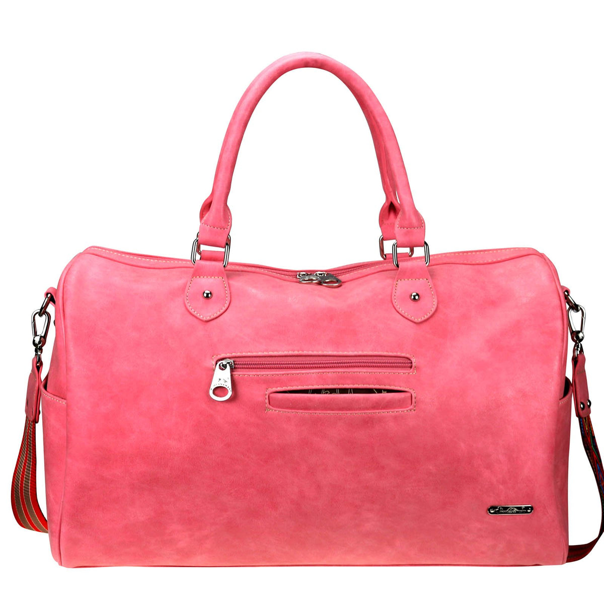Embroidered Sugar Skull Duffle Bag:  Vibrant embroidered Sugar Skull   Accented with silver and crystal studs Top zippered closure An open pocket on each side with button closure Interior includes a zippered pocket and 2 open pockets  Metal feet on the bottom for protection and stability Detachable/adjustable shoulder strap Double handle 20" x 8" x 12.5" Double Handle Drop 6" Adjustable Strap Drop 18"