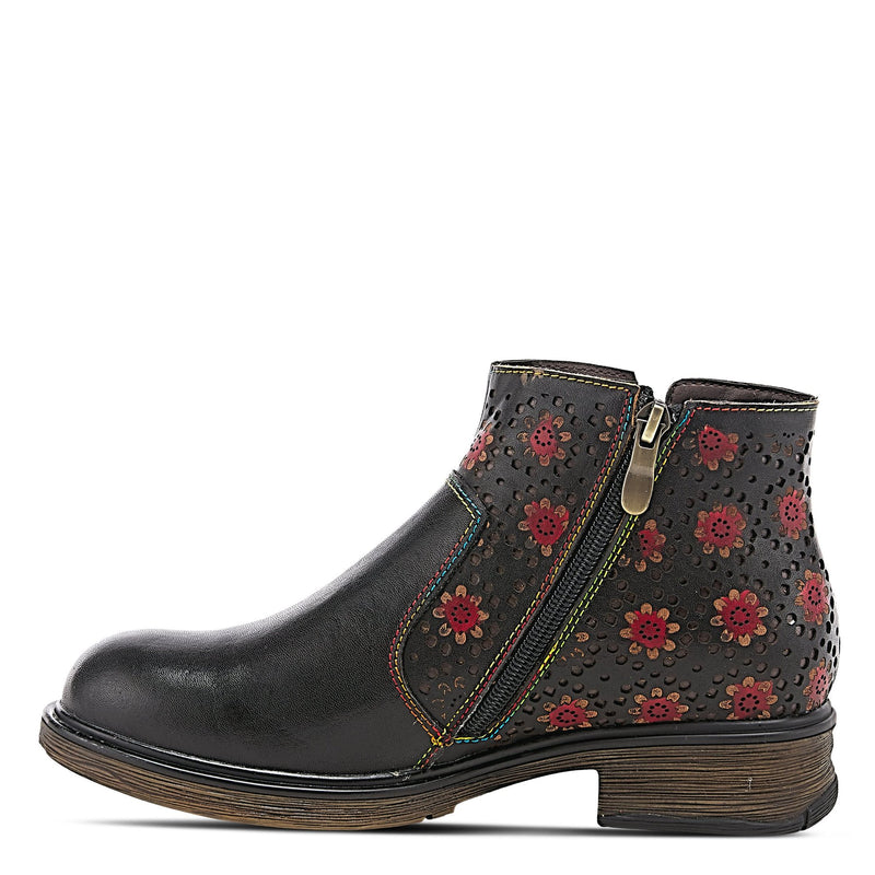Fun leather L'Artiste by Springstep Footwear bootie showcasing beautiful abstract flowers, laser cuts, and our signature stitching on a comfortable outsole.