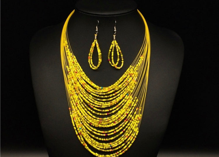 Illusion Bead Necklace & Earring Set Yellow