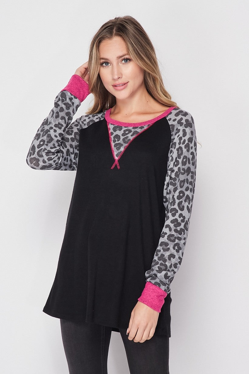 Snow Leopard Black & Pink Fleece LongSleeve Top