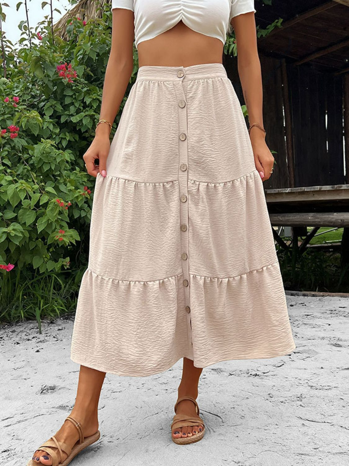 Womens Linen-Like Midi Maxi Skirt with Functional buttons, tiered silhouette, elastic stretch waist | beach, vacation, island, summer, getaway, cruise apparel