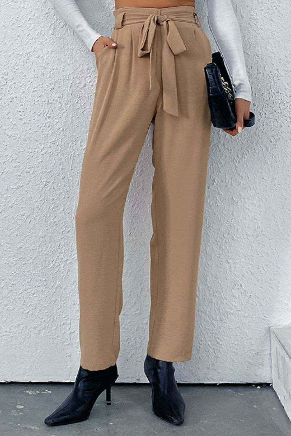 Kelly Khaki Belted Straight Leg Pants with Pockets