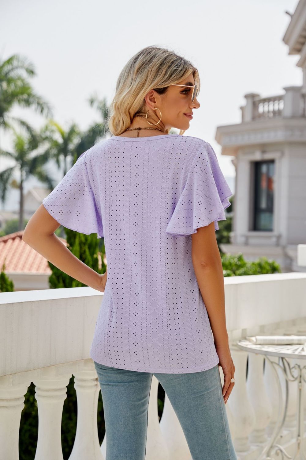 Womens Misses Short Sleeve Eloise Eyelet Flutter Sleeve Round Neck Blouse Top in several color options: Black, White, Light Lime Green, Sage Green, Lilac Lavender Purple, Dusty Purple Mauve, Blush Pink Baby Pink, Yellow, White
