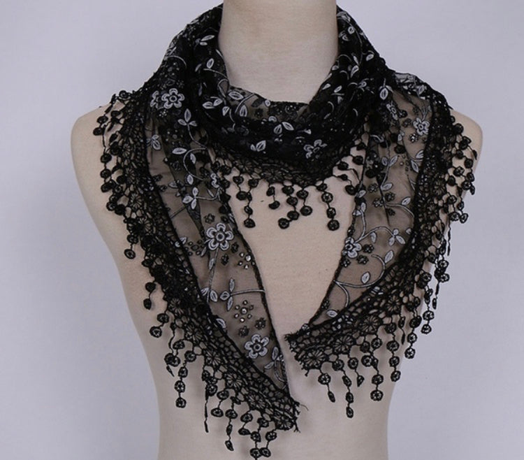 Embroidered Floral Triangle Scarf |4 colors|