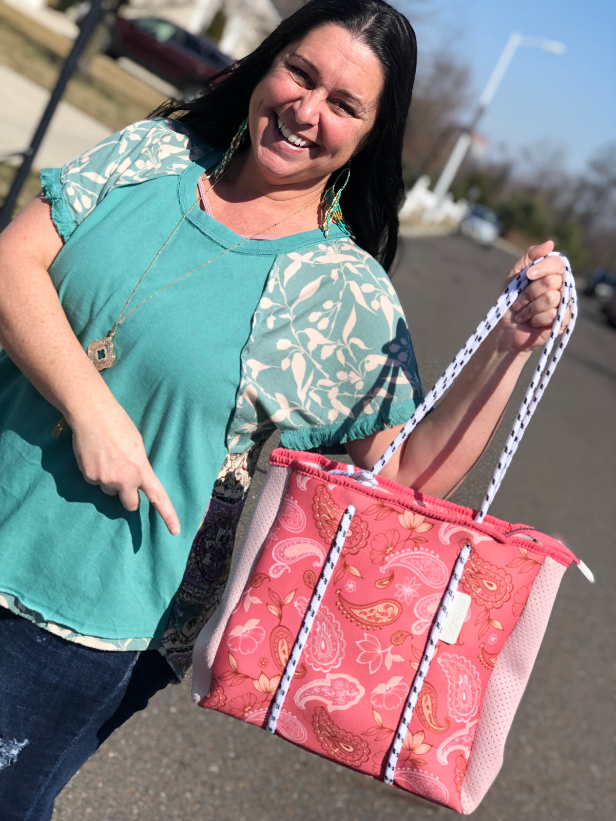 Coral Pink Paisley Summer Vacation Beach Bag | Meribella Neoprene Tote Bag Set | Natching Wallet Pouch | Side snaps | extra storage space | Inside removable pouch | Inside slip and zip pockets | Fully washable | Dimensions: 18"L x 5"W x 13.5"H | Beach Bag | Day Trip Bag | Neoprene | Washable | Stretchy | Paisley | Brown | Coffee | Latte |