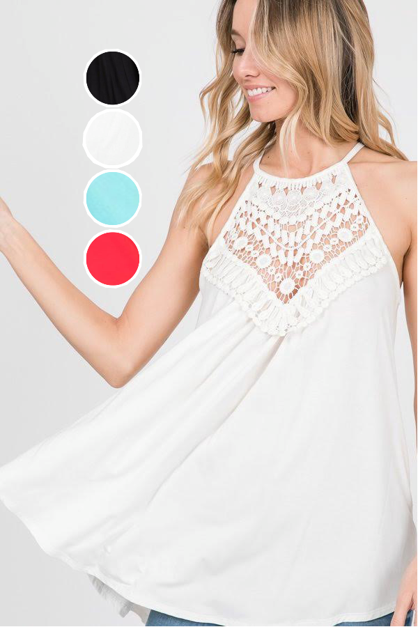 Lilly Soft Crochet Lace Womens Sleeveless Tank Top is a stylish flowing halter tank with a keyhole back detail and luxuriously soft rayon fabric. Colors: Black, White, Mint, Red