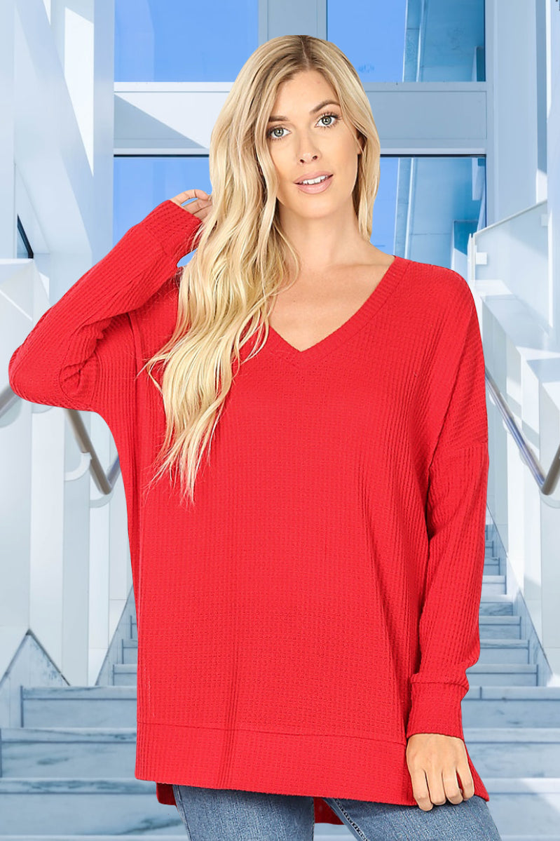 Womens Apparel Vicki V-Neck Long Sleeve Thermal Shirt in Ruby Red