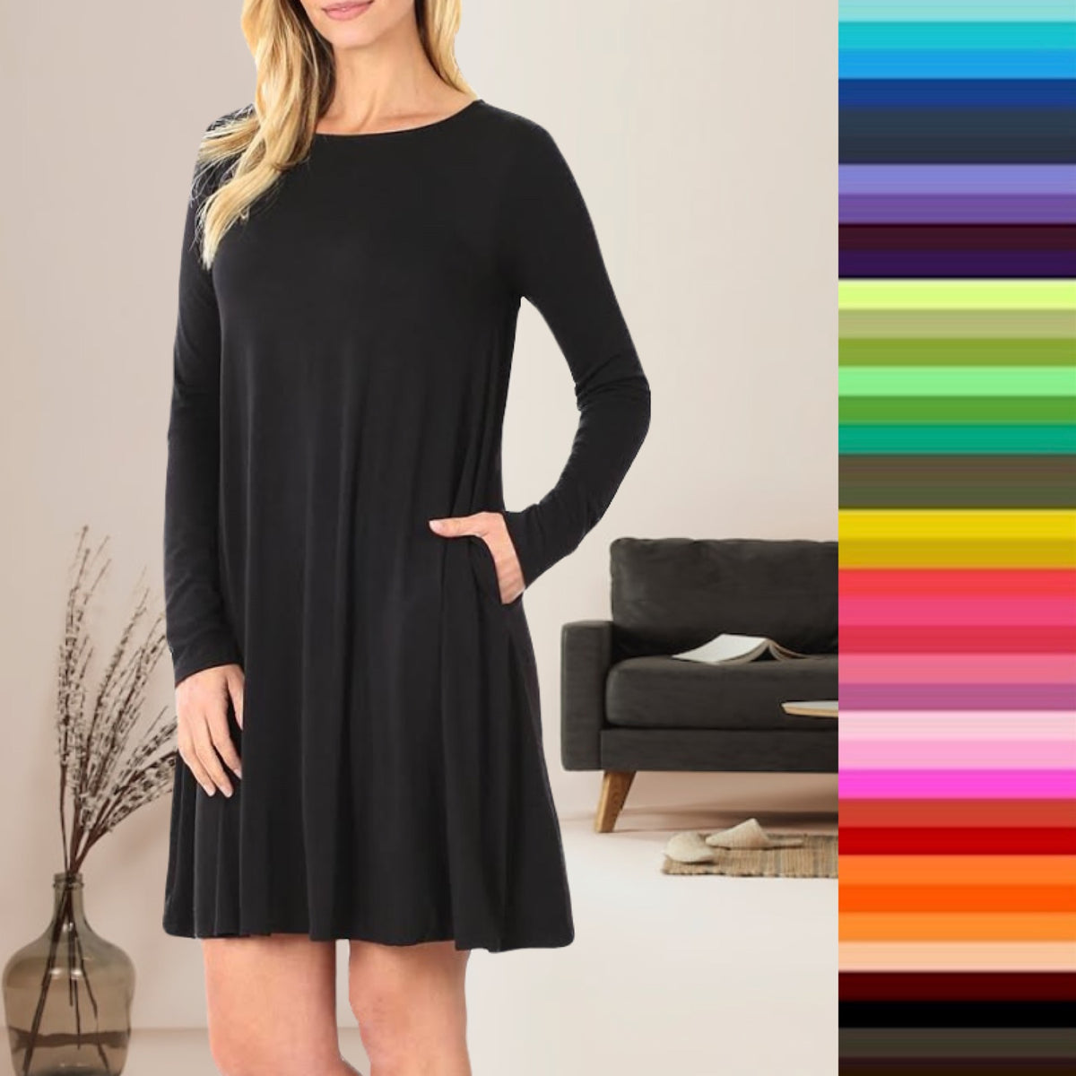 Lety Long Sleeve A-Line Womens Dress with Pockets and Rounded Scoop Neckline and Straight Hem available in 10 colors