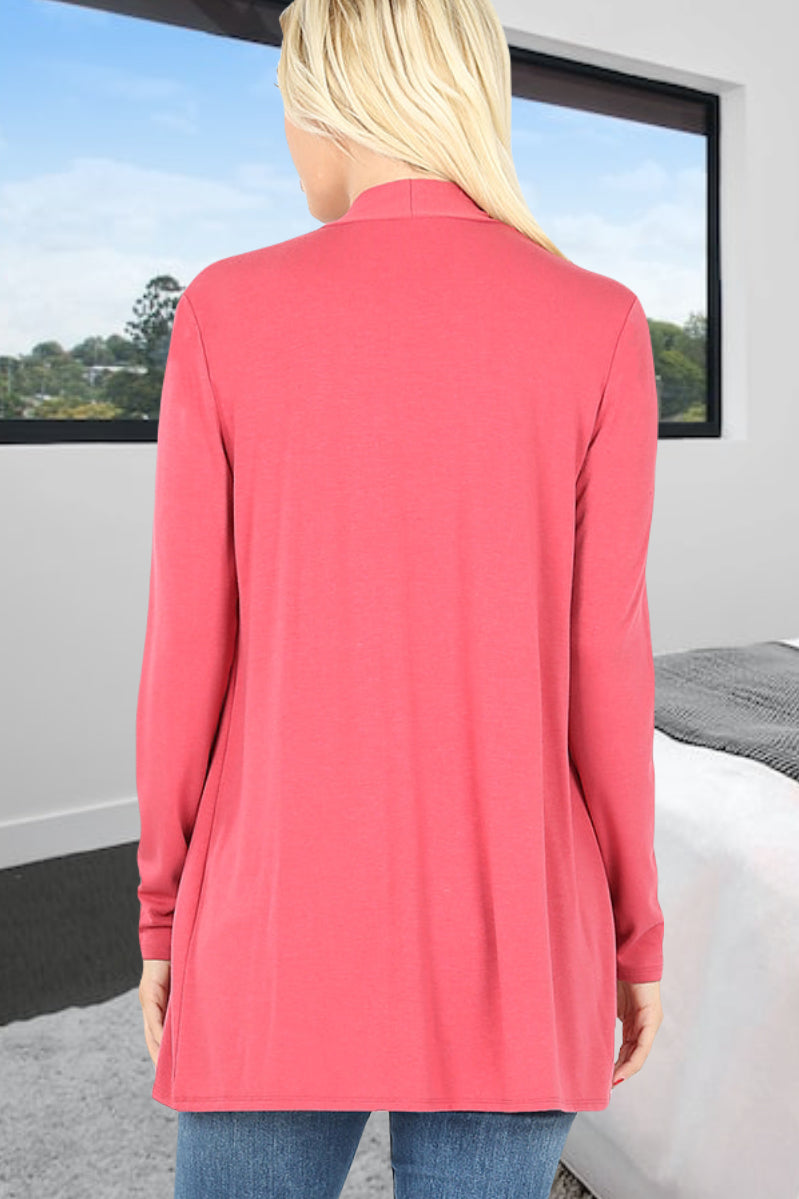 Rose Pink back view Carmine Women's & Junior's Long Sleeve Cardigan with Pockets in sizes Small-3XL Regular and Plus Sizing