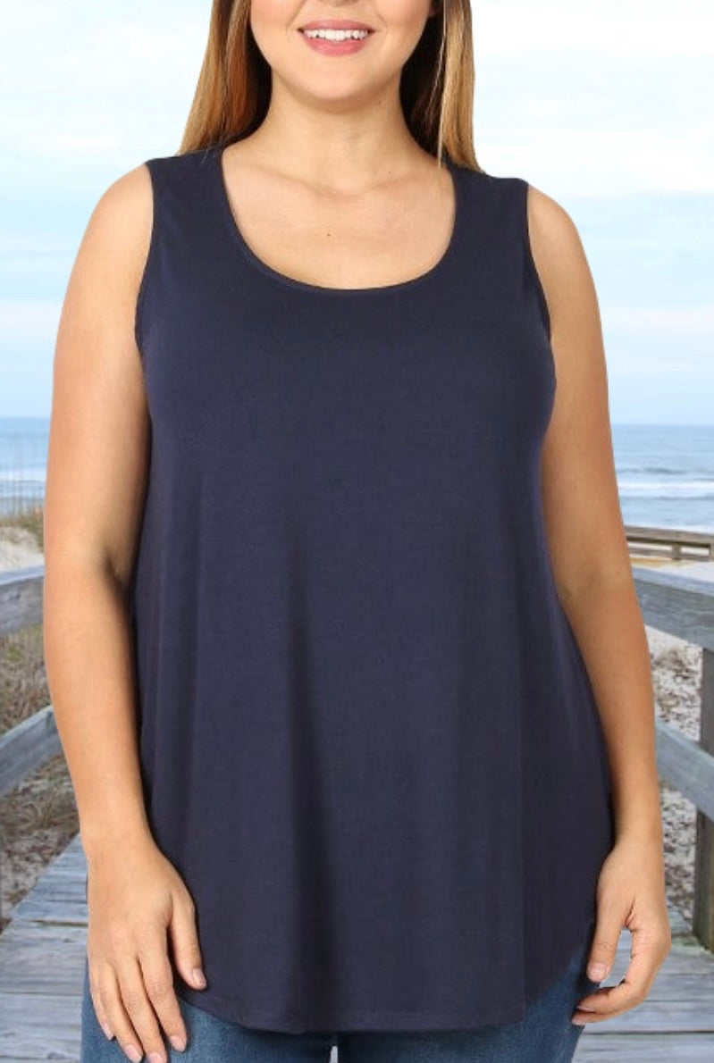 Navy Blue Sold Basics | Relaxed Scoop Tank Top Sleeveless | Soft & Stretchy Material | Rounded Hemline | Zenana Brand