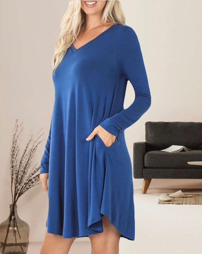 Linda Long Sleeve Womens Dress with Pockets v-neck rounded hemline in Sapphire Blue