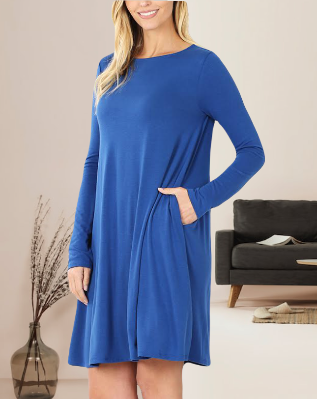 Lety Long Sleeve A-Line Womens Dress with Pockets and Rounded Scoop Neckline and Straight Hem in Sapphire Blue