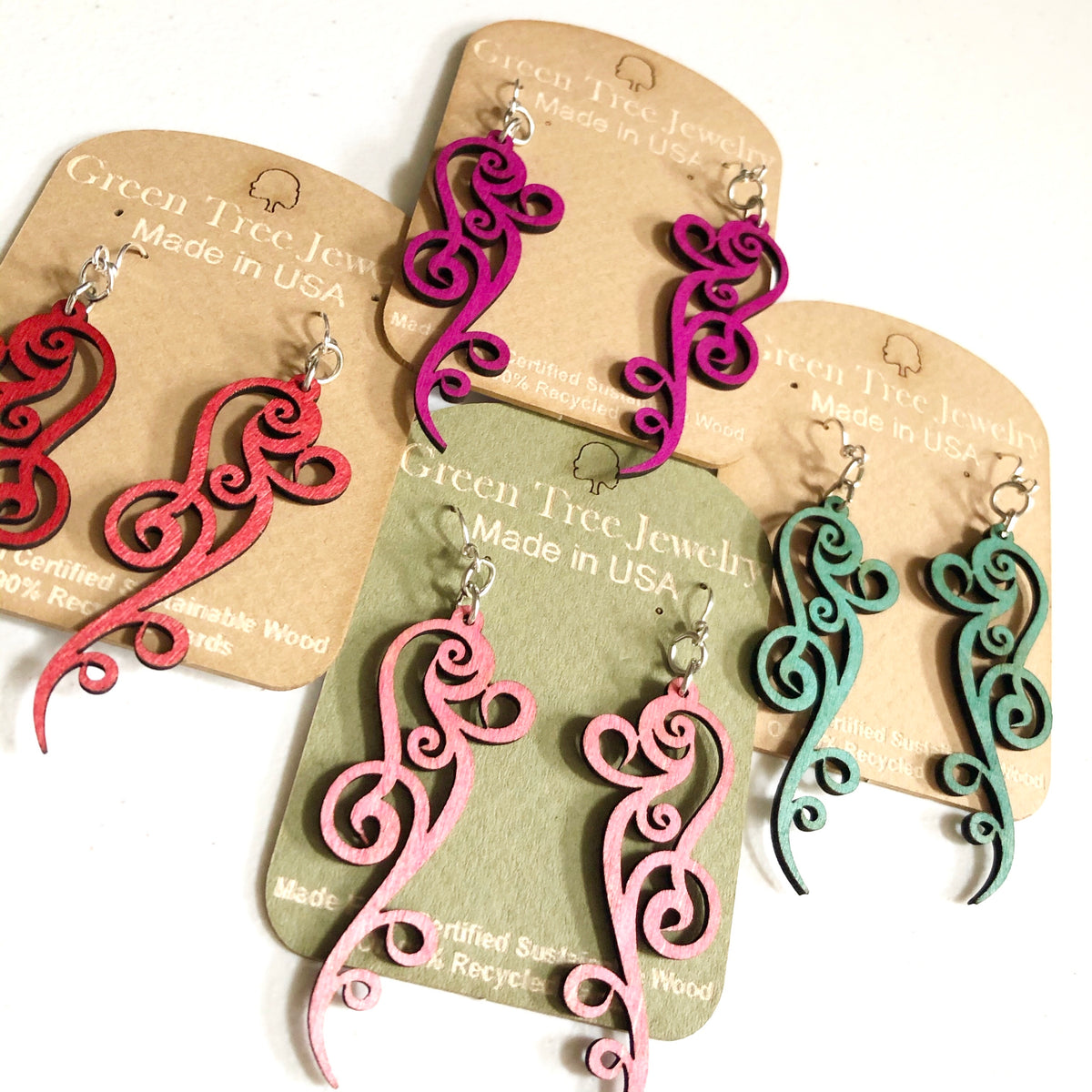 Wooden Ornate Scroll Earrings | 4 colors |