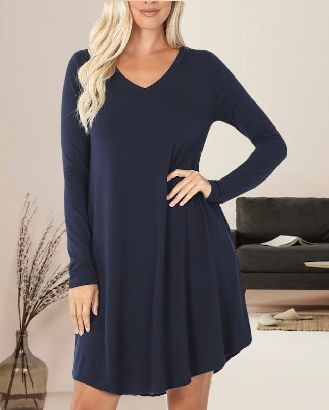 Linda Long Sleeve Womens Dress with Pockets v-neck rounded hemline in Navy Blue