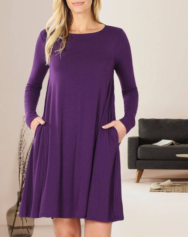 Lety Long Sleeve A-Line Womens Dress with Pockets and Rounded Scoop Neckline and Straight Hem in Dark Purple