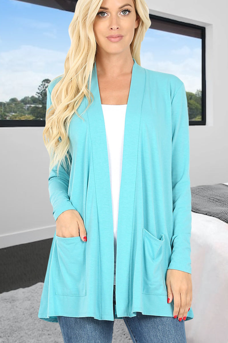 Ash Mint Carmine Women's & Junior's Long Sleeve Cardigan with Pockets in sizes Small-3XL Regular and Plus Sizing