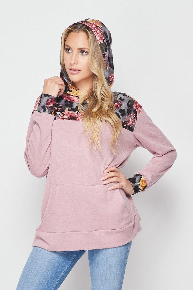 Leopard Floral Hooded Longsleeve Top with Pockets