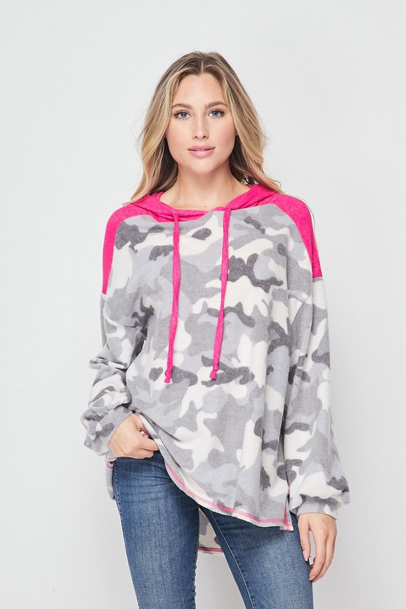 grey camouflage, fleece, sweater, hot pink