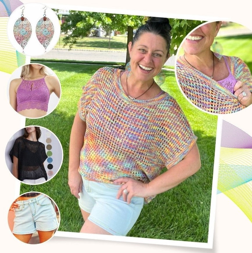 Outfit Inspiration Open Loose Knit Short Sleeve Womens Top layered over a lace bralette with Judy Blue Rainbow Stitching Shorts and finished with lightweight colorful hollow circle swirl leaf earrings