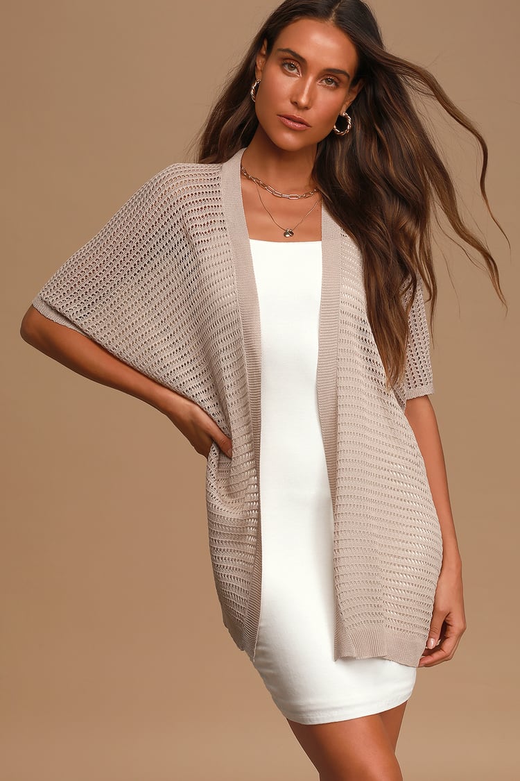 Pointelle Openwork Lightweight Knit Short Sleeve Cardigan in Mocha Tan, Black, and White Cream Ivory Off-White