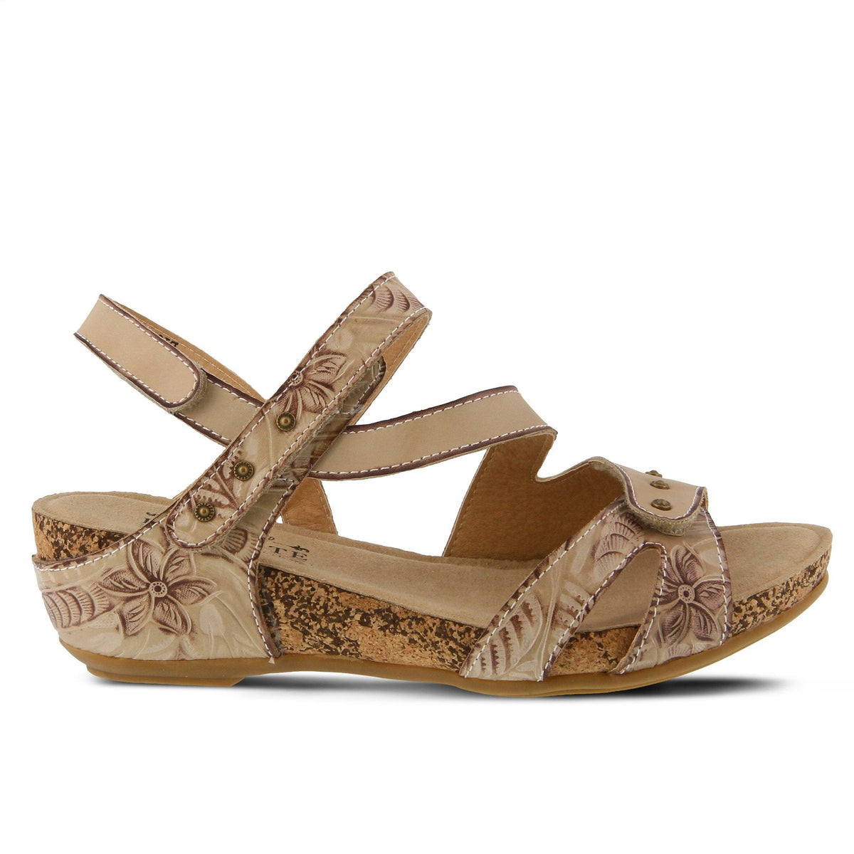 L'Artiste by Springstep Footwear Quilana hand-painted asymmetrical leather sandal has an earthy embossed floral design adorned with antiqued metal buttons for an artsy easy look.