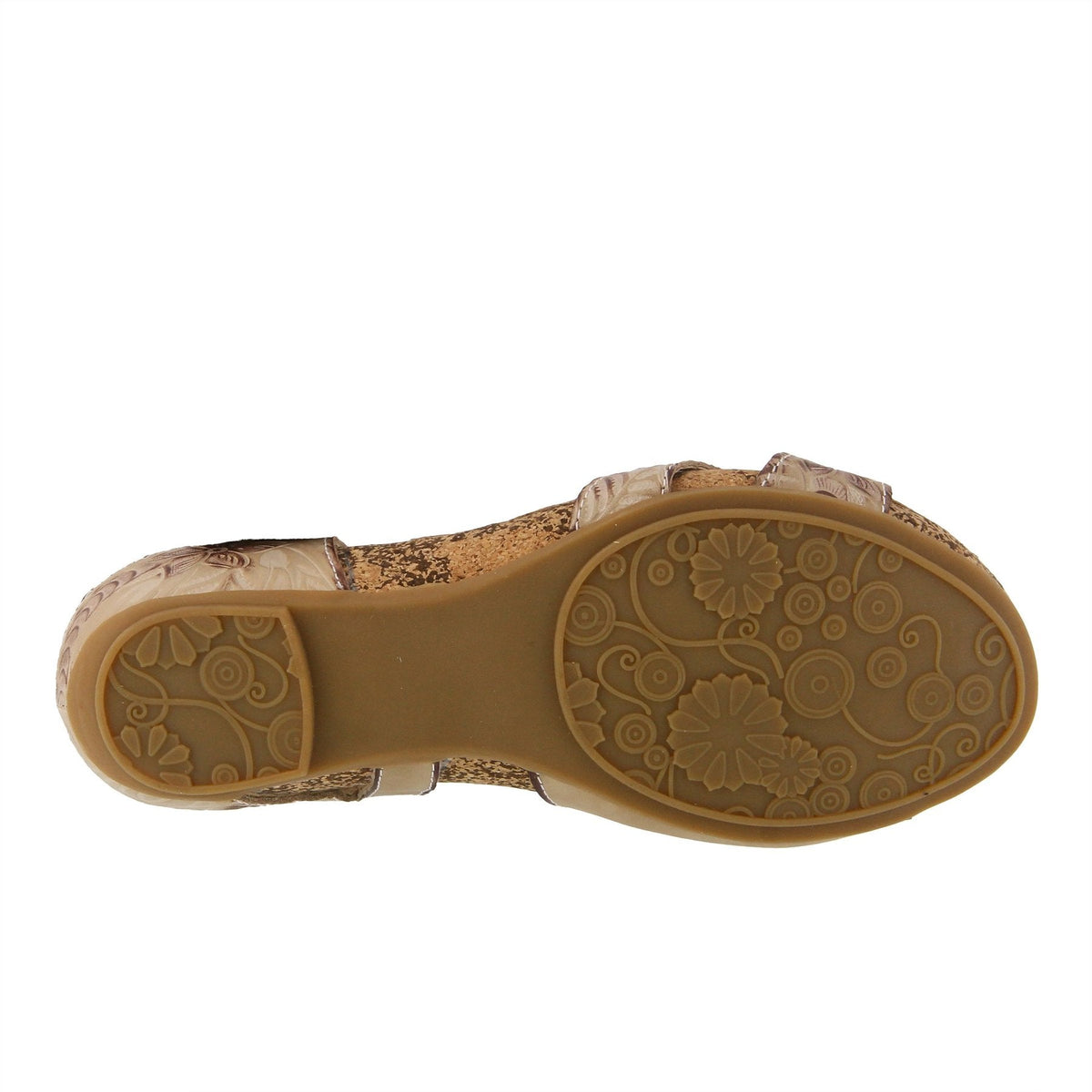 Our L'Artiste Quilana hand-painted asymmetrical leather sandal has an earthy embossed floral design adorned with antiqued metal buttons for an artsy easy look.