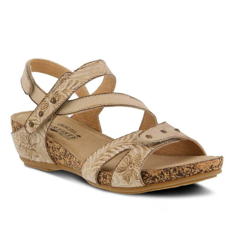 L'Artiste by Springstep Footwear Quilana hand-painted asymmetrical leather sandal has an earthy embossed floral design adorned with antiqued metal buttons for an artsy easy look.