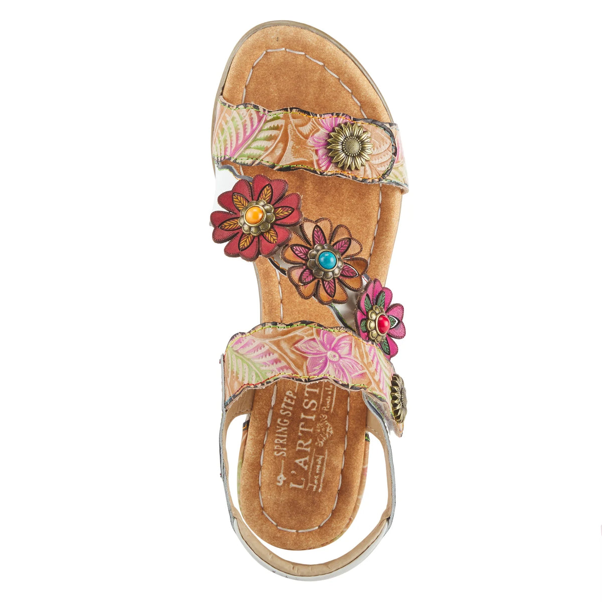 Springstep Shoes Spring Step Footwear Flower Shoes Sandal Heel Womens Shoe L'Artiste Style: AROMAS  These sling back sandals are positively blooming with charm. It features embossed and 3D florals crisscrossing your foot with an adjustable hook and loop Velcro strap at the ankle. The floral design continues on the back of the heel so you'll be seen at all angles.