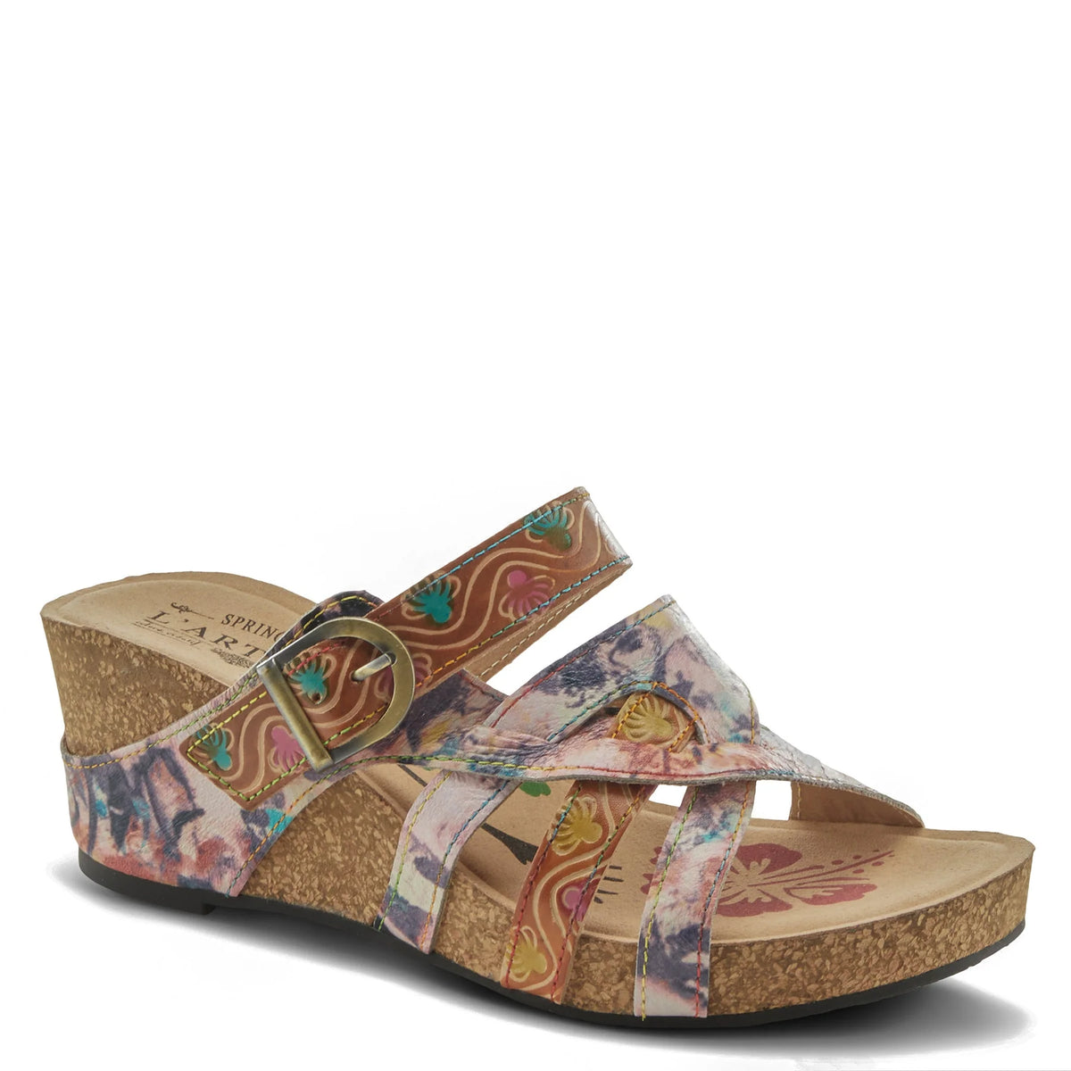 L`Artiste Style: BAOCIRE  French inspired multi strapped slide sandal with beautiful hand-painted and embossed florals and swirls on premium leather. Featuring an adjustable top strap with an antique brass buckle, asymmetrical manmade intertwined floral rainbow stitched straps, on an all-day comfortable super padded footbed and cork wrapped wedge.