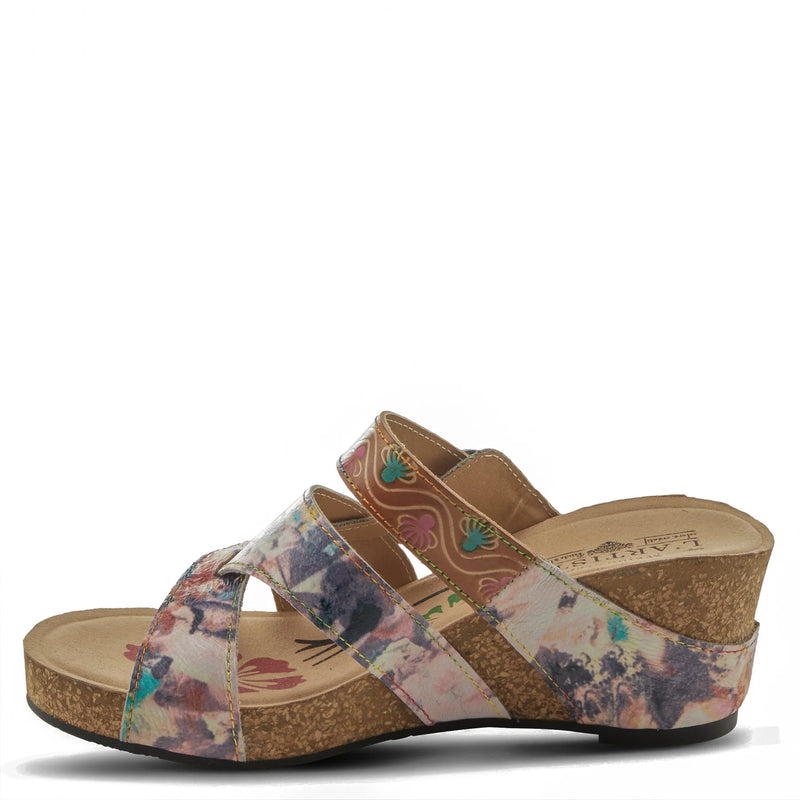 L`Artiste Style: BAOCIRE  French inspired multi strapped slide sandal with beautiful hand-painted and embossed florals and swirls on premium leather. Featuring an adjustable top strap with an antique brass buckle, asymmetrical manmade intertwined floral rainbow stitched straps, on an all-day comfortable super padded footbed and cork wrapped wedge.