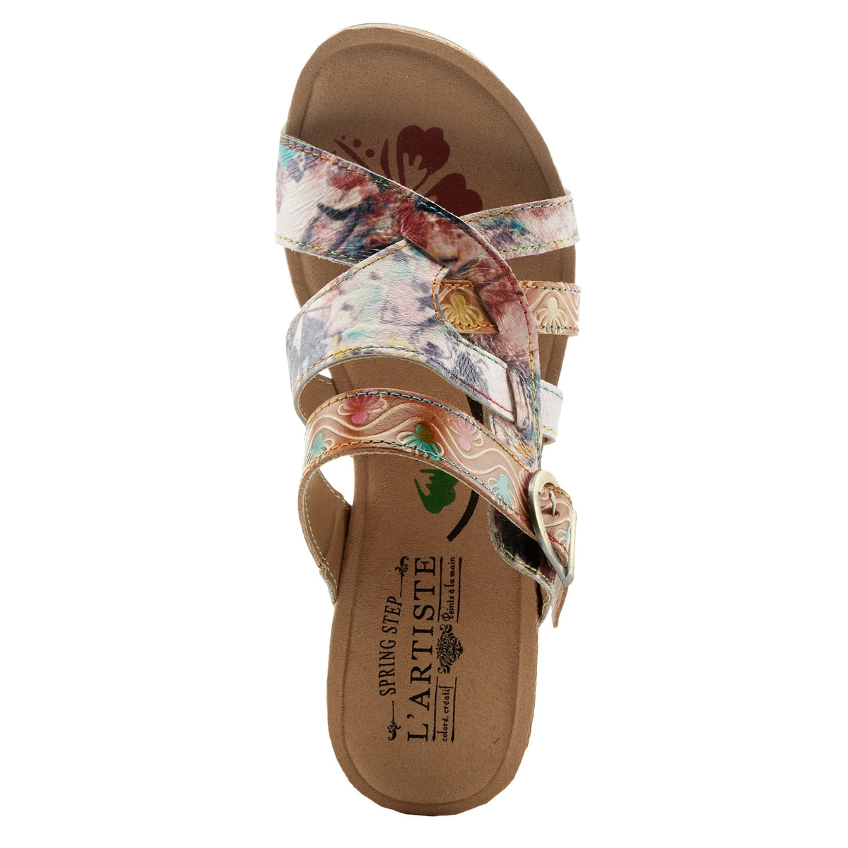 SpringStep Shoes Spring Step Footwear L`Artiste Style: BAOCIRE  French inspired multi strapped slide sandal with beautiful hand-painted and embossed florals and swirls on premium leather. Featuring an adjustable top strap with an antique brass buckle, asymmetrical manmade intertwined floral rainbow stitched straps, on an all-day comfortable super padded footbed and cork wrapped wedge.