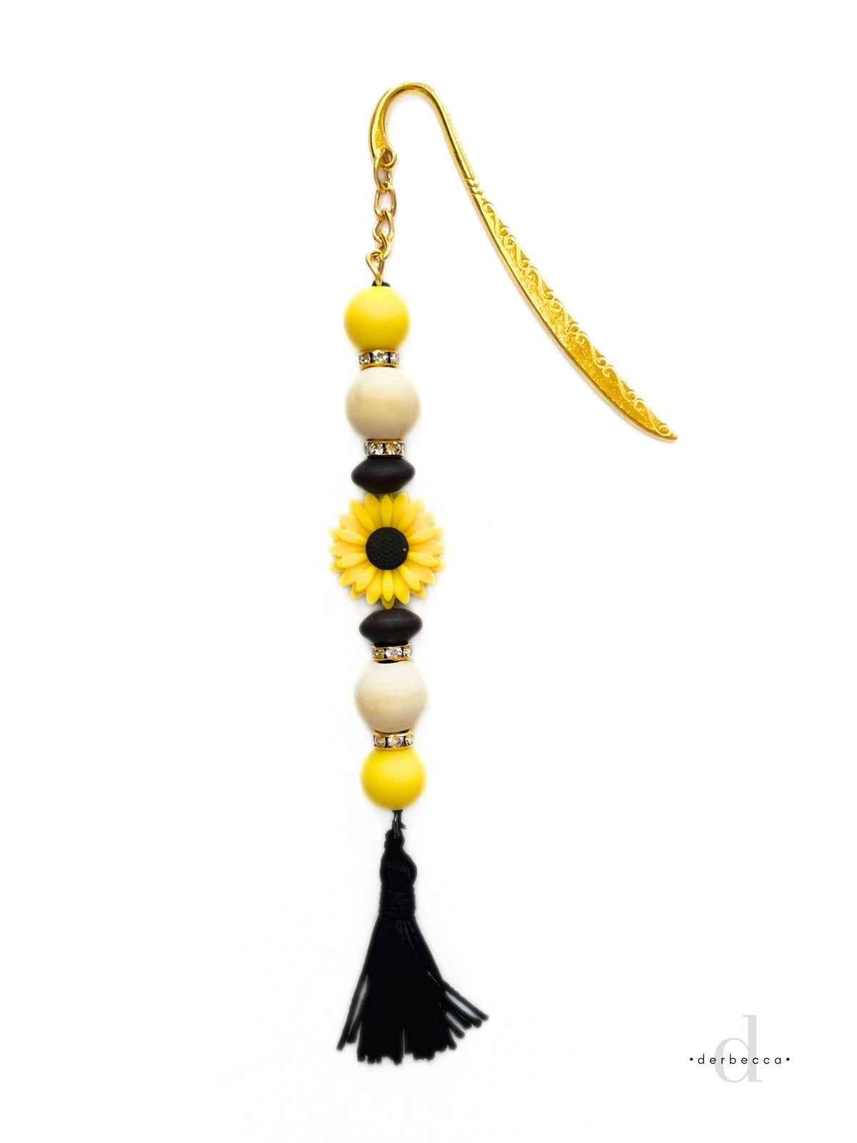 Gold Beaded Bookmark with a Sunflower Daisy in Yellow & Brown
