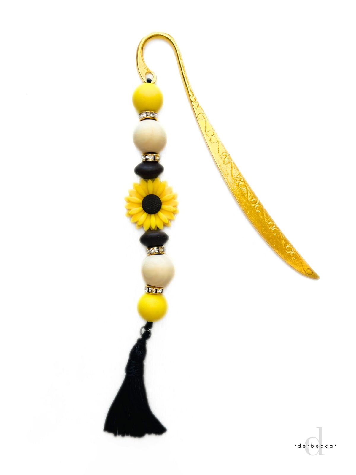 Gold Plated Metal Bookmark with a Sunflower Daisy Focal Bead, Brown Lentil Beads, Wood Beads, and Yellow 15mm Silicone Accent Beads finished with a Dark Brown faux silk Drop Tassel