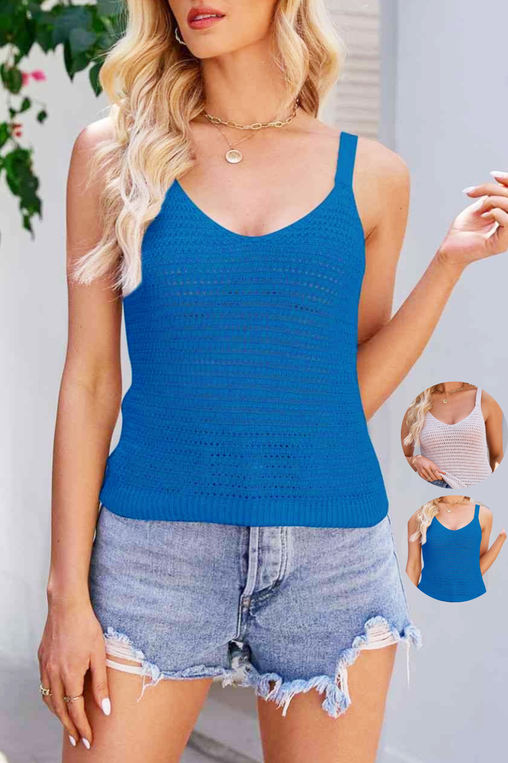 All Sizes XS-3XL Womens Junior Misses Cali Cotton Knit Cami Tank 100% Cotton Openwork Knit Sleeveless Sweater Summer Camisole Tank Top Blouse Icy White Taupe Beige Tan and Blue Cobalt Royal Color