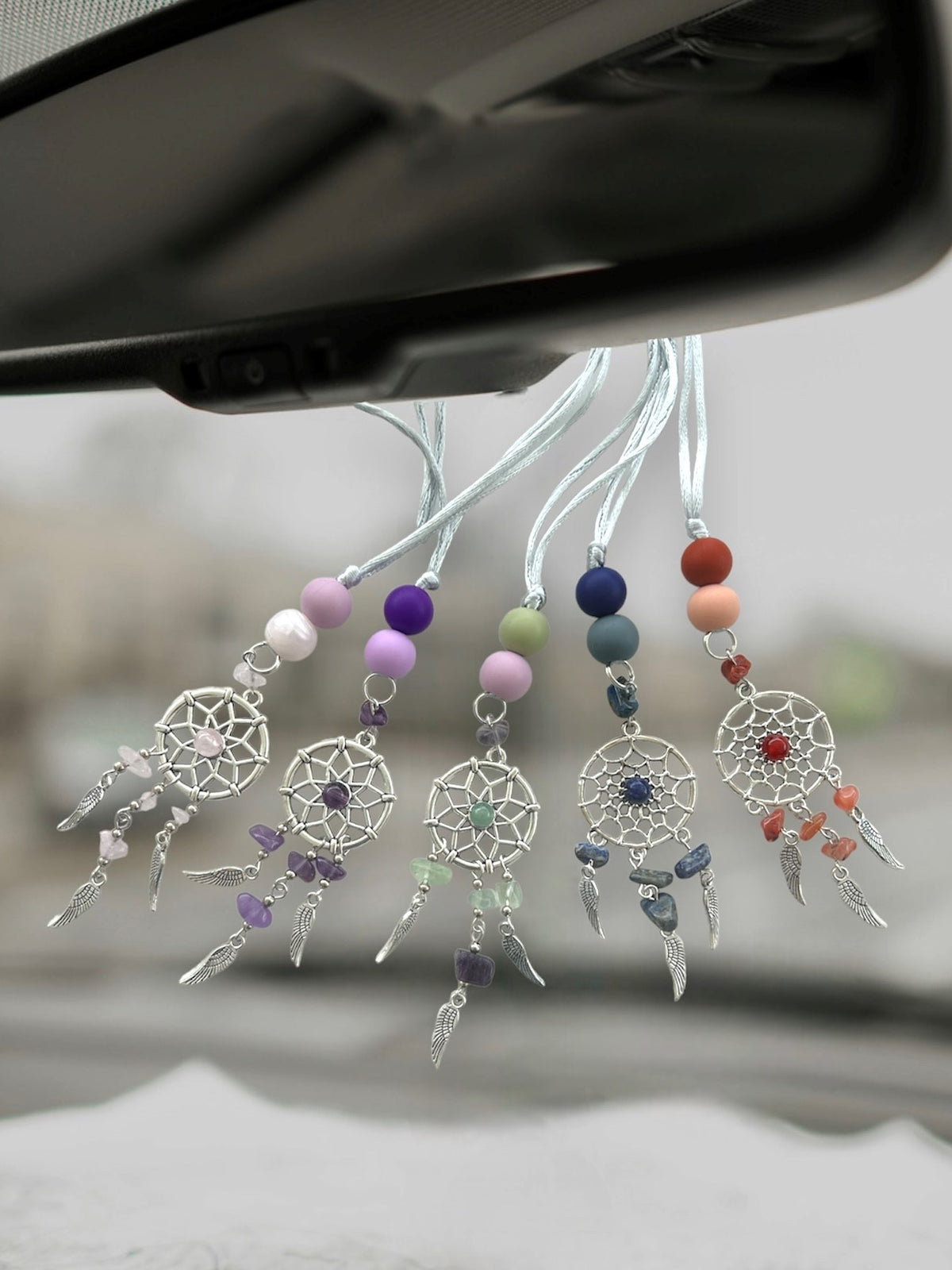 Dreamcatcher Angel Wing Car Charm Mirror Hanger Dangle with Natural Stones Silicone Accent Beads Nylon Cording Quick Release Adjustable Cord Lock